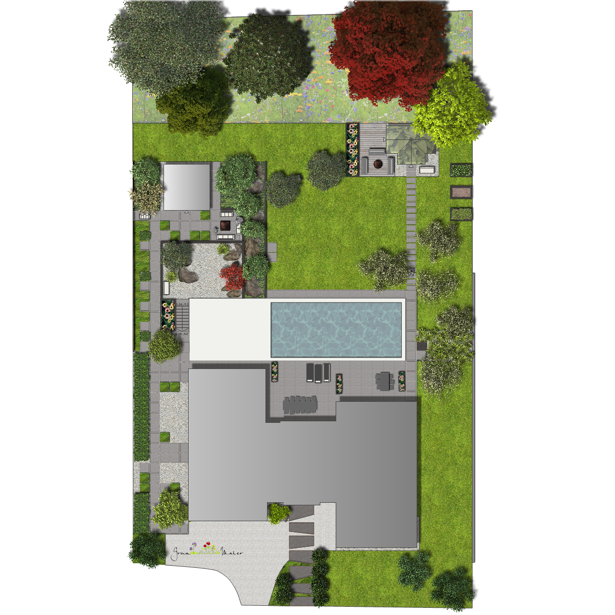 Bauhaus trifft auf asiatischen Senkgarten